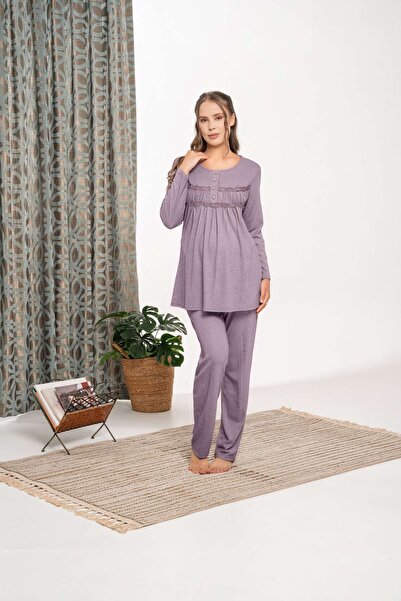 Lohussa Women's Plum Velvet Flounced Special Design Lace Maternity Maternity Dressing Gown Pajama Set