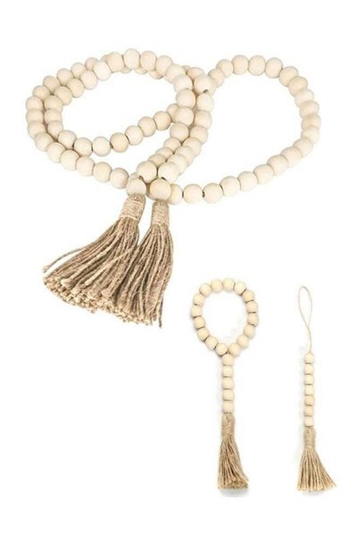 Generic 3 PCS Wooden Beaded Garland With Tassel Rustic Look Beige Prayer Bead...