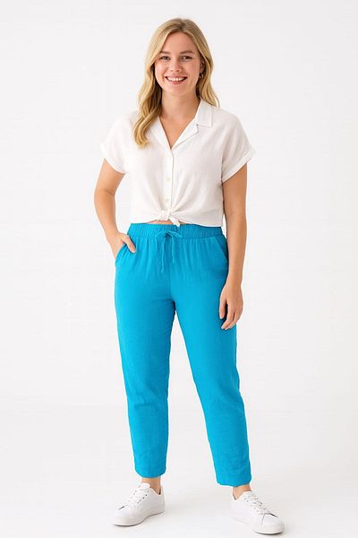 enmodaiçgiyim Turquoise 100% Cotton Muslin Fabric Women's Trousers – Narrow Leg, Pockets, Comfortable Fit Casual Trousers