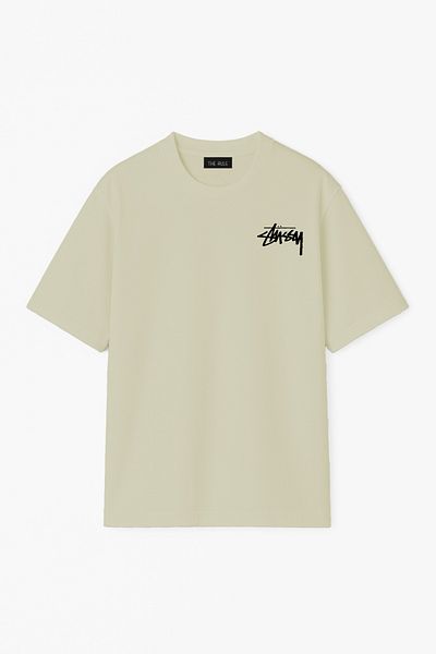 THE RULE Unisex Stüssy Front Printed Oversize 100% Cotton Wide Cut Textured Crew Neck Khaki T-Shirt Rf0520