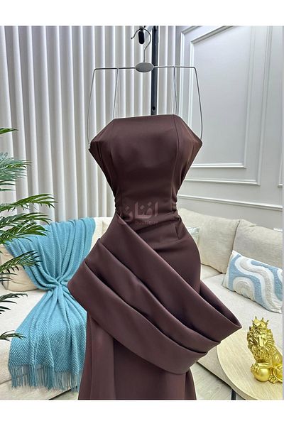 Afnan Boutique Long brown strapless mermaid evening dress with a luxurious train