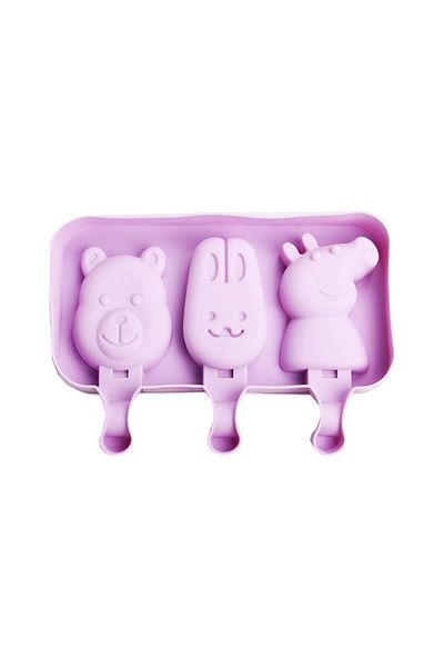 BV Silicone ice cream mold, Peppa, Bear, Rabbit 3 cavities with silicone lid, Purple, 19 cm, 409COF