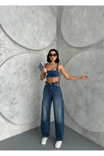 Shield Life Alley Double Belted Blue Women's Pants Jean Casual and Comfortable Straight Wide Leg High Waist