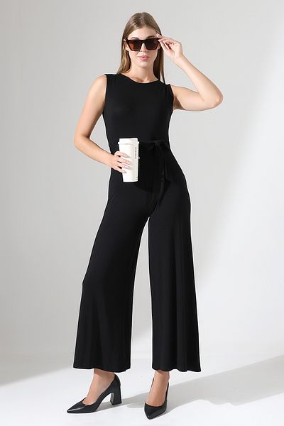 Planet Prestige Black Plain Belted Jumpsuit