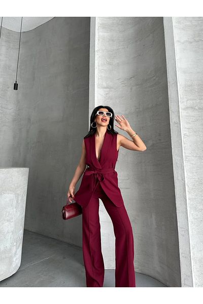 spirituel Women's Double Bottom Top Set Stylish Belted Pocket Detailed Vest Pants Set