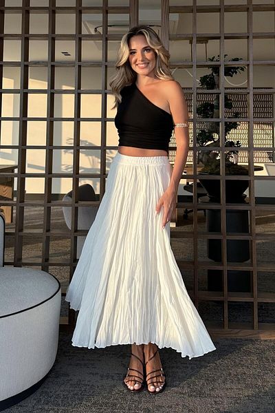 Laluvia Ecru Elastic Waist Crashed Skirt