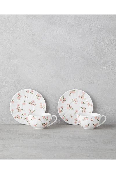 English Home Cordelia New Bone China 4 Piece Coffee Cup Set for 2 People 90 ml White - Pink