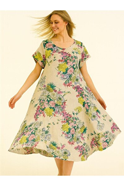 Butik İtalyan Keten Çiçek Desen Elbise - BEJ