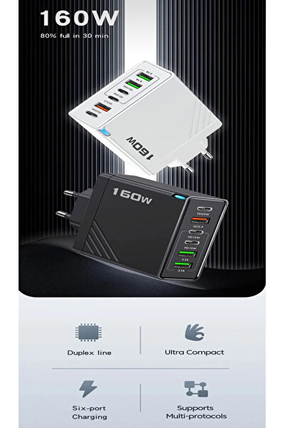 CNF 160W 6in1 Hızlı Şarj Adaptörü | 6 Port USB-C & USB-A | iOS Android Laptop Tablet Uyumlu