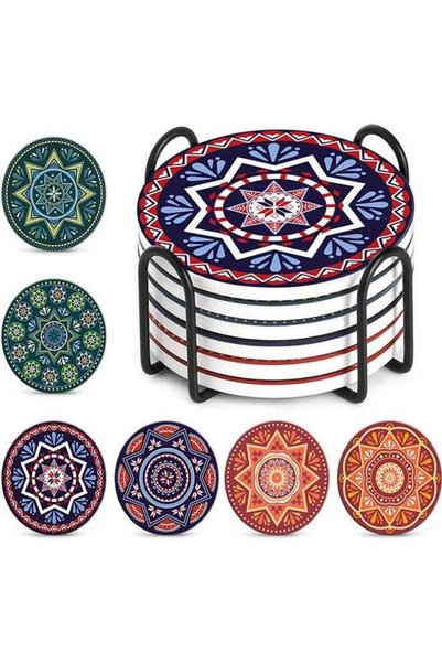 Generic Sets of 6 Drink Coasters with Holder Multicolour 10 x 10 x 1cm
