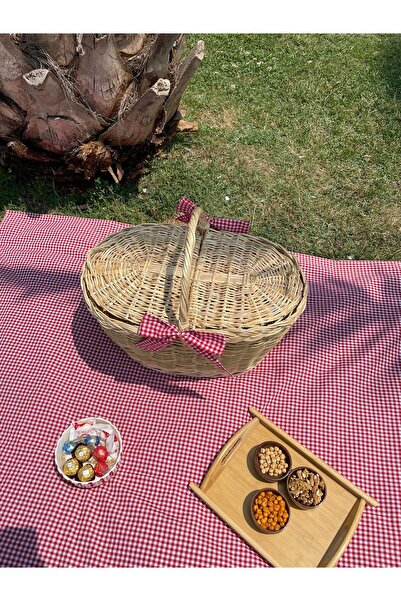 Beyaz Atölyem Büyük Boy Kırmızı Xxl Hasır Kapaklı Piknik Sepeti Seti (sofra bezi ve sepet)