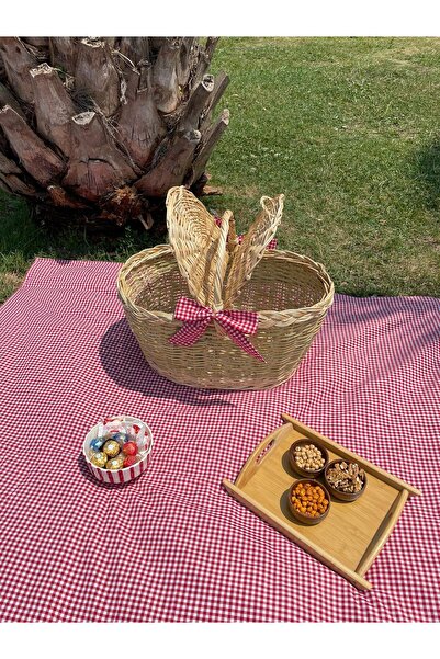 Beyaz Atölyem Büyük Boy Kırmızı Xxl Hasır Kapaklı Piknik Sepeti Seti (sofra bezi ve sepet)