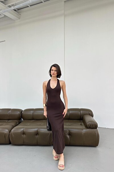 mylove Boyundan Bağlamalı V Yaka Uzun Elbise Kahve