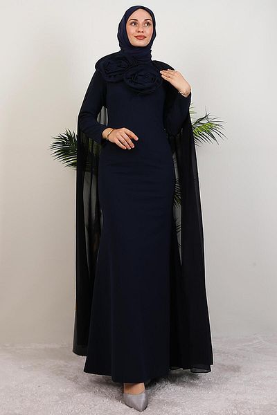 GİYZAMİLA Big Rose Hijab Dress Navy Blue