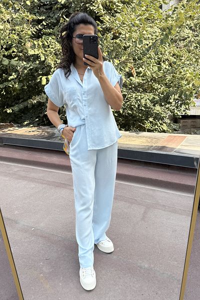 Suzi Blue Color 100% Cotton Short Sleeve Shirt Pants Set 1004