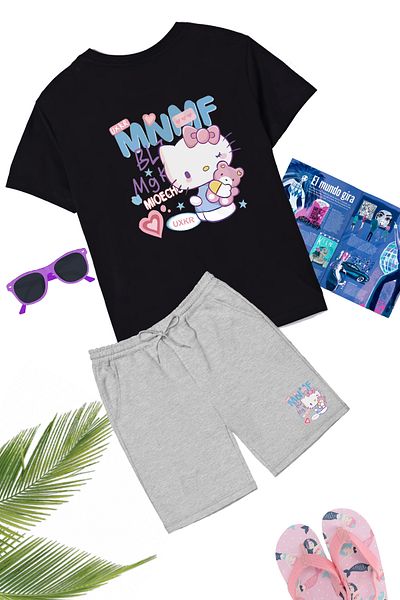makiteks Set of 2 Printed Girl's Cotton Shorts Tshirt Hello Kitty 5 6 7 8 9 10 11 12 13 14 Years Old T-Shirt