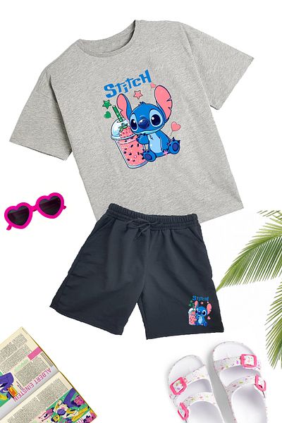 makiteks Set of 2 Printed Girl's Cotton Shorts Tshirt Lilo Stitch 5 6 7 8 9 10 11 12 13 14 Years Old T-Shirt