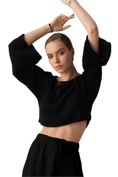 clavia Summer 2-Piece Muslin Set Palazzo Pants Wide Leg Crop T-Shirt Spanish Sleeve 100% Cotton Black