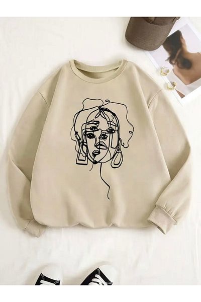 FUFLUNS Women's Face Printed Oversize Unisex Circle Neck Sweatshirt