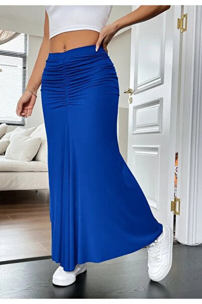 MAROVOAY Önü ve arkası büzgü detaylı maxi boy likralı etek