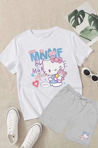 makiteks Set of 2 Printed Girl's Cotton Shorts Tshirt Hello Kitty 5 6 7 8 9 10 11 12 13 14 Years Old T-Shirt