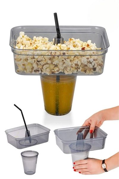 Museburan Cornered Rectangular Glass with Straw and Corn Chips Bucket Set| Chips Corn Bucket Platinum with Cup