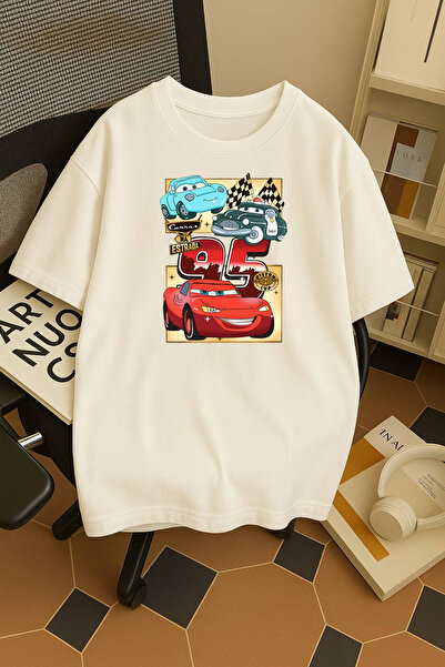 Ovroni Unisex Erkek/Kadın Şimşek McQueen Karikatür Baskılı Oversize Pamuklu T...