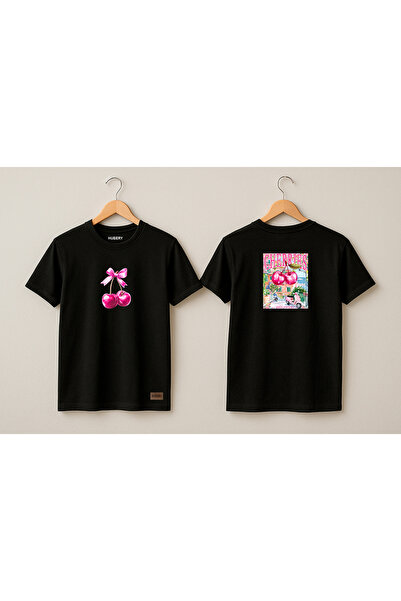 HUBERYWEAR Tricou negru de damă cu model cireșe croi relaxat – HUBERY