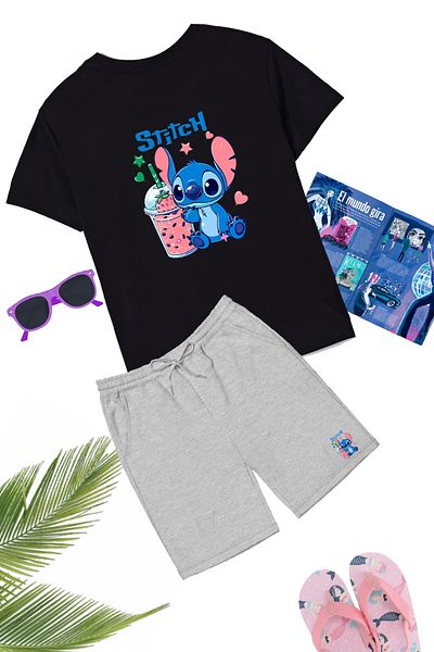 makiteks Set of 2 Printed Girl's Cotton Shorts Tshirt Lilo Stitch 5 6 7 8 9 10 11 12 13 14 Years Old T-Shirt