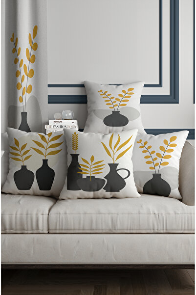 ALAMODECOR Set de huse pentru perne pentru scaun, model nordic, antracit, boem, cu frunze (4 bucăți)