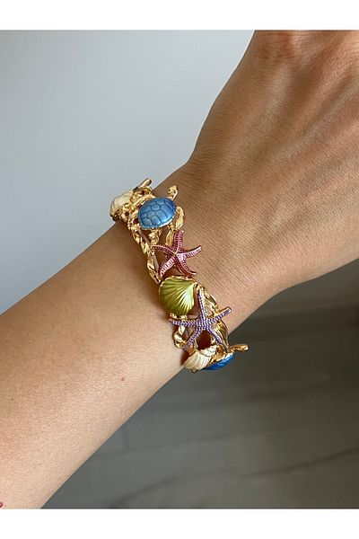 BURÇİN AKSESUAR Caretta Caretta Turtle and Oyster Detailed Elastic Design Imported Bracelet