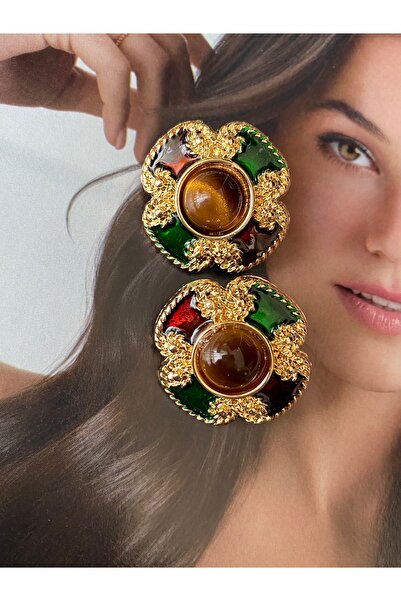 Pinery Jewels Oval Kahverengi Taşlı Kadın Küpe Çifti