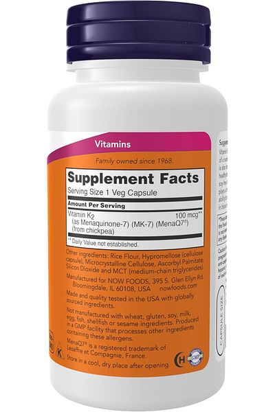 Now Foods Mk-7 Vitamin K-2 100 Mcg Cardiovascular Support Supports Bone Health 120 Veg
