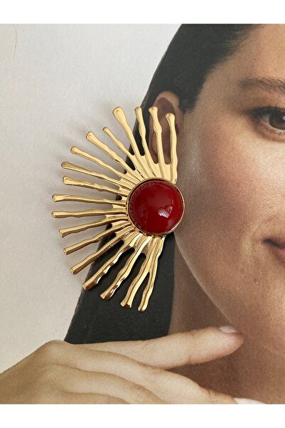 Pinery Jewels Yelpaze Kırmızı Oval Taşlı Kadın Küpe Çifti