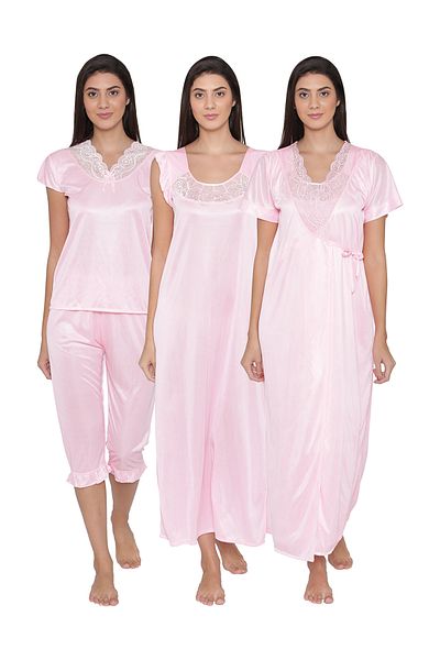 iza 4 Pcs Nightwear Set in Baby Pink- Satin