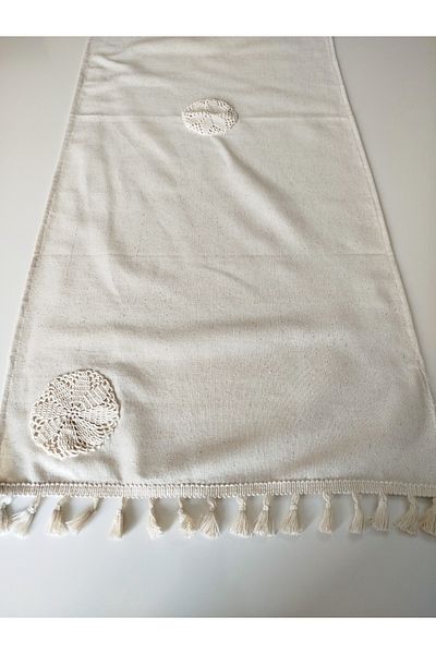 denizli hatırası Handcrafted Embroidered Natural Organic Linen Authentic Tasseled Runner 45X120 cm