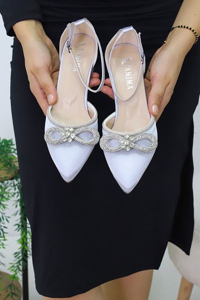 Modaarmada Gray Stone Silver Bow 5 cm Women's Thick Heel Shoes