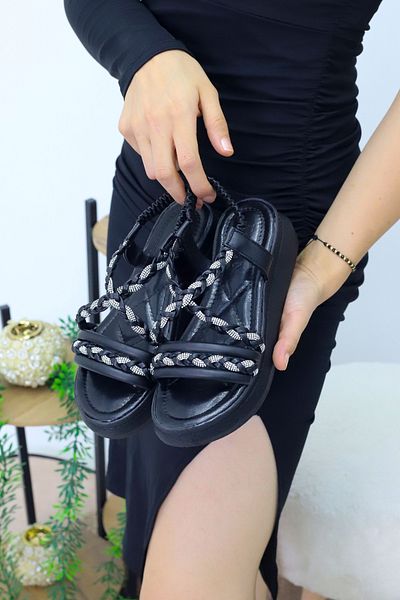 Modaarmada Black Silver Cross Braided New Season Women's Sandals