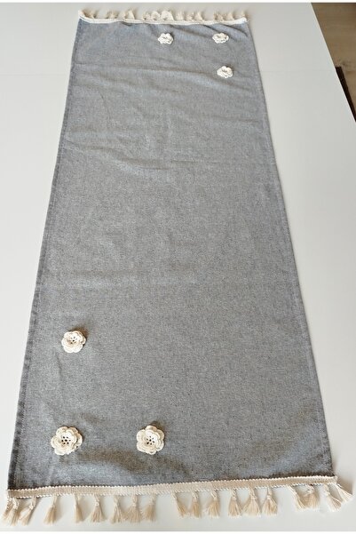 denizli hatırası Handcrafted Embroidered 3D Rose Natural Linen Authentic Tasseled Runner 45X120 cm