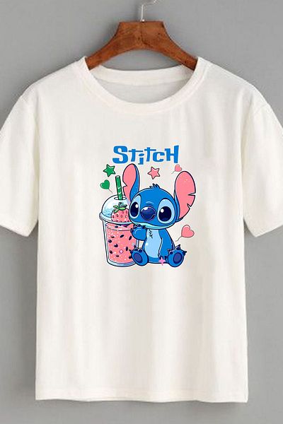 makiteks 2 Pack Quality Cotton Combed Women's Printed Tshirt Lilo Stitch Black White T-Shirt