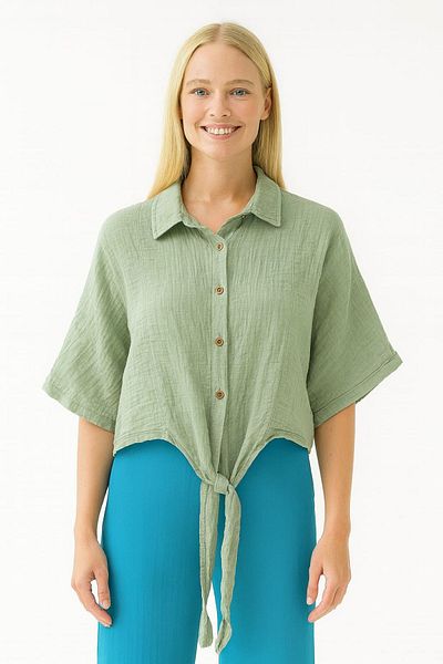 enmodaiçgiyim Mint Green 100% Cotton Muslin Fabric Women's Bat Sleeve Button Summer Shirt–Comfortable and Stylish Casual Blouse