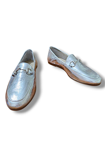 BARONES SHOES Silver Genuine Skin Leather Metal Buckle Women's Loafer