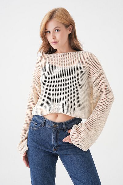 lovebox Women's Knitted Patterned Long Sleeve Cream Knitwear Crop Blouse 3200