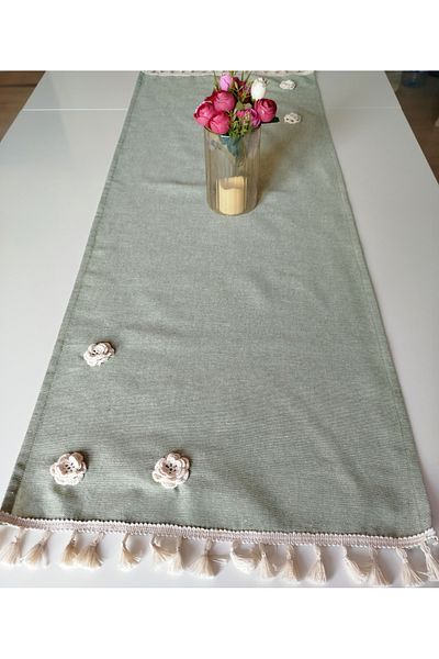 denizli hatırası Handcrafted Embroidered 3D Rose Natural Linen Authentic Tasseled Runner 45X120 cm