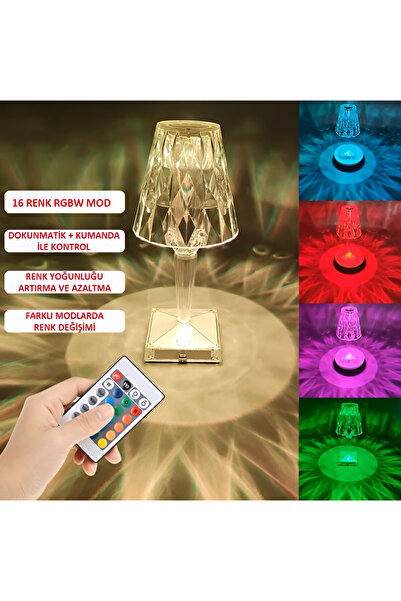 Wolawood Kristal Işıklı Lamba Şarjlı Dokunmatik RGB'li Masaüstü Set Kumandalı...