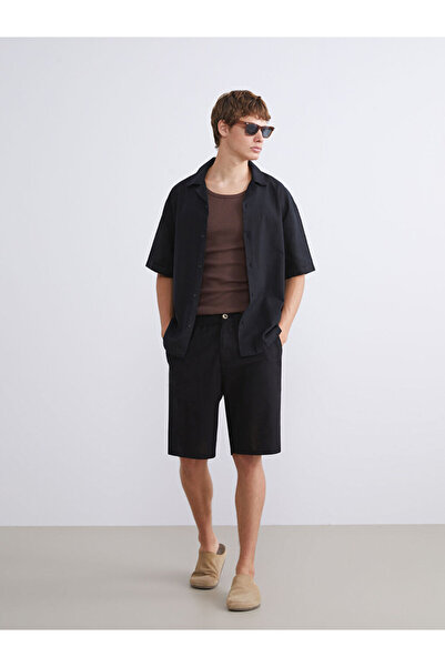 LC Waikiki Black Standard Fit Linen Look Men's Bermuda Shorts