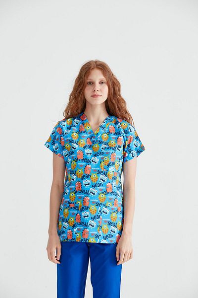 DEMOTEKS Blue Medical Blouse with Print - Monster Model (Monsters)