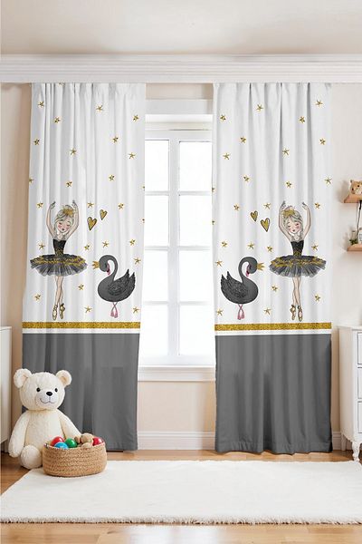 EVPANYA Gold Striped Ballerina and Swan Patterned Children's Baby Room Background Curtain (Single Wing Pricing)