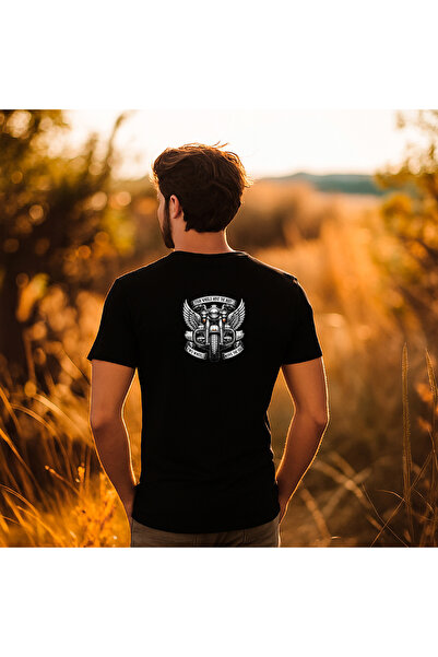 HUBERYWEAR Ανδρικό μαύρο μπλουζάκι με στάμπα μοτοσικλέτας με φτερά και γράμμα...