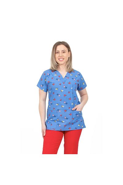 DEMOTEKS Blue Medical Blouse with Print - Ladybug Medical Uniform Model
